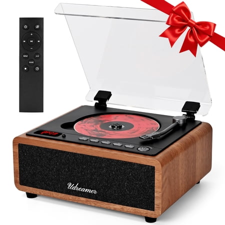 Udreamer Retro CD Player, Vintage CD Players for Home | HiFi Bass Boost & FM Radio with Remote Control,Sleep Timer,USB/AUX IN,Brown