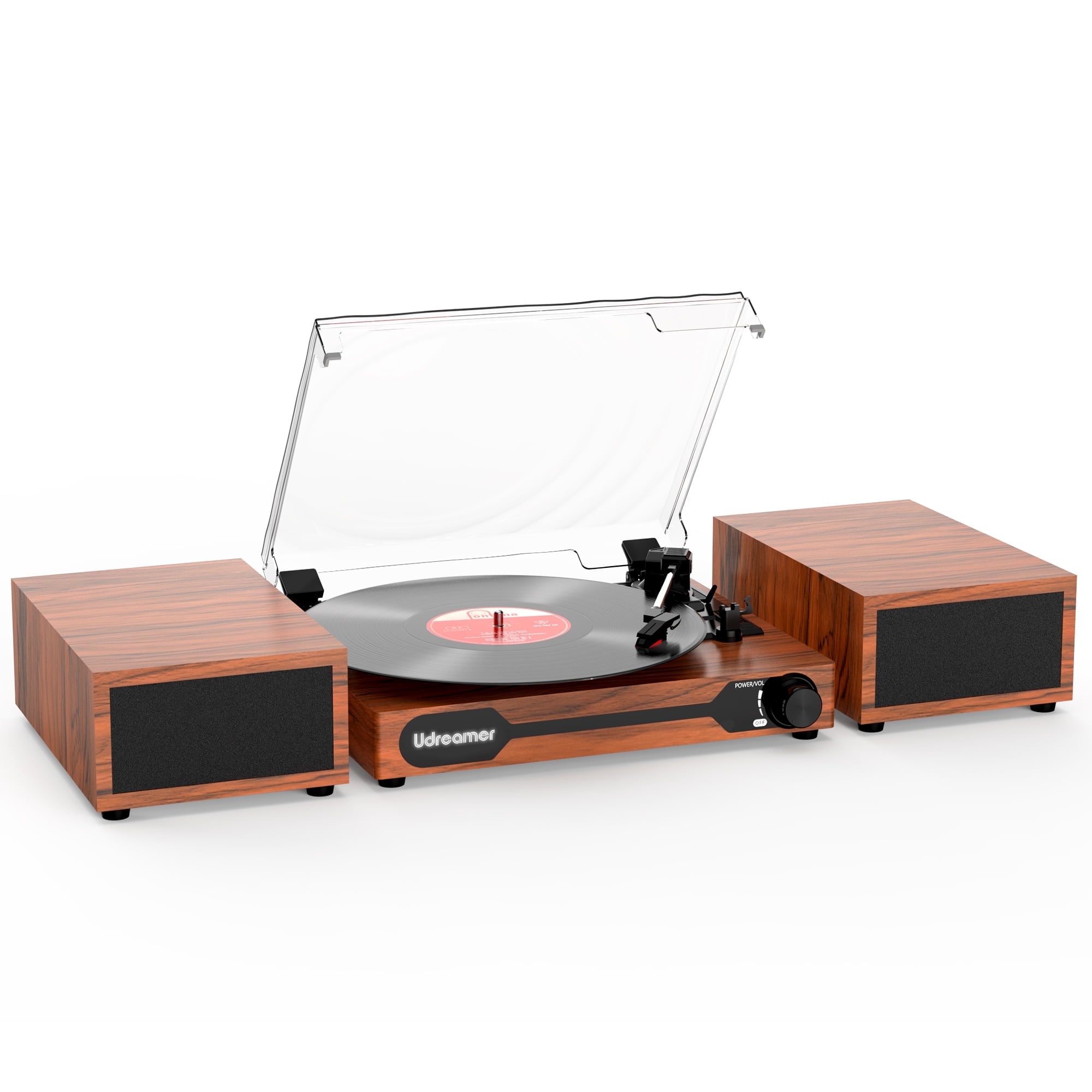 Udreamer Record Player,Vinyl Bluetooth Record player with speakers, Turntables for vinyl records, Brown,Lights Logo