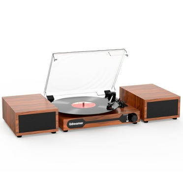 Udreamer Record Player,Vinyl Bluetooth Record player with speakers, Turntables for vinyl records, Brown,Lights Logo