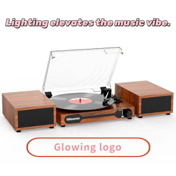 Udreamer Record Player,Vinyl Bluetooth Record player with speakers, Turntables for vinyl records, Brown,Lights Logo
