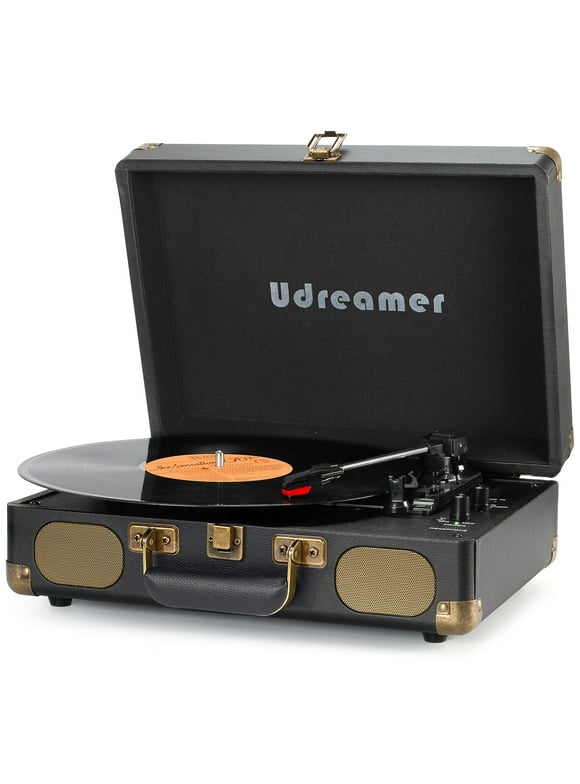 Udreamer Vinyl Record Player 3-Speed Turntable with Bluetooth,Suitcase Portable Vintage Audio Turntables,Black