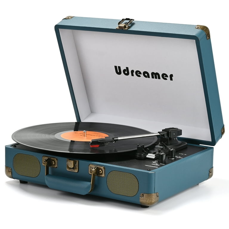 Udreamer Vinyl Record Player 3-Speed Turntable with Bluetooth,Suitcase  Portable Vintage Audio Turntables,Blue