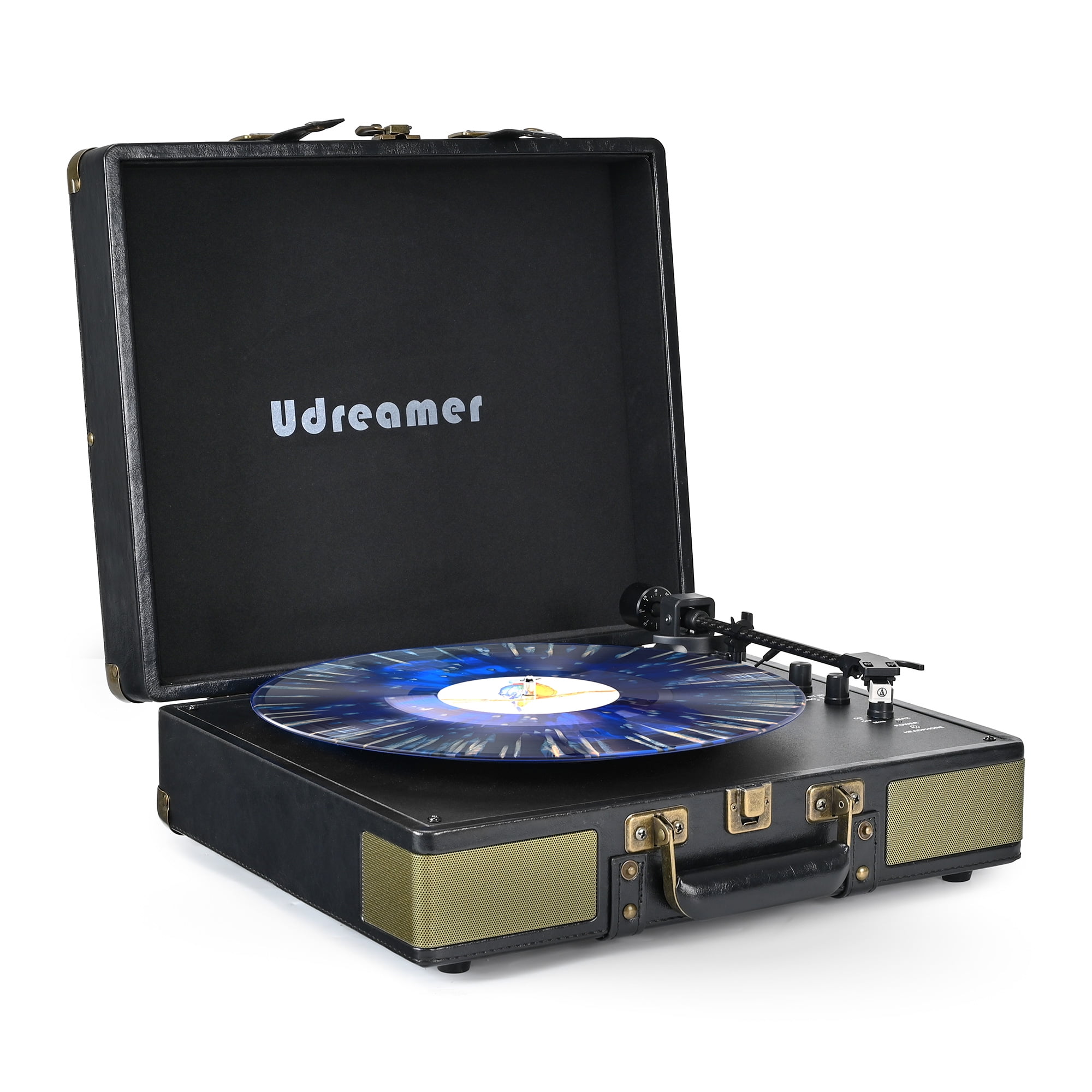 Udreamer Record Player, Suitcase Portable Vintage Audio Turntable with Bluetooth | Black