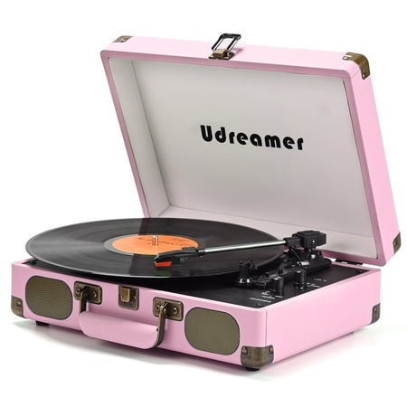 Udreamer Vinyl Record Player 3-Speed Turntable with Bluetooth, Suitcase Portable Vintage Audio Turntable, Pink