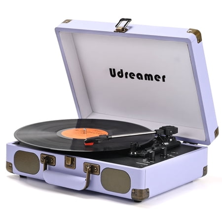 Udreamer Vinyl Record Player 3-Speed Turntable with Bluetooth,Suitcase Portable Vintage Audio Turntables,Purple