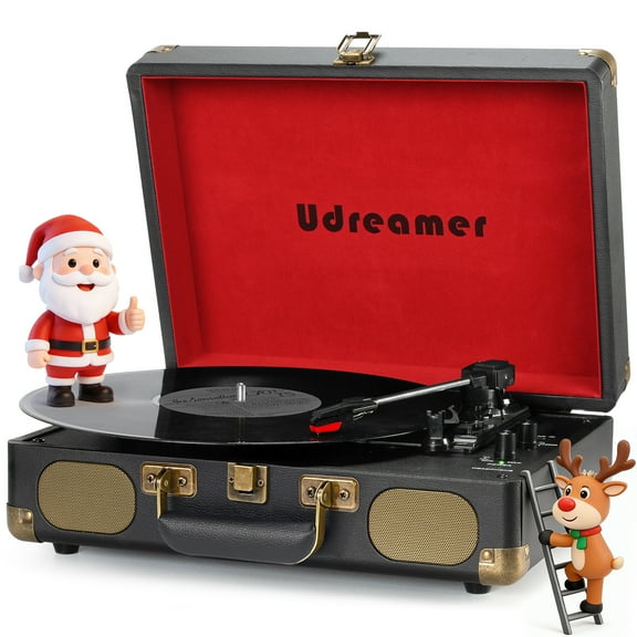 Udreamer Vinyl Record Player with Bluetooth 3-speed Audio Turntable & Built-in Speakers Portable Suitcase | Black/Red