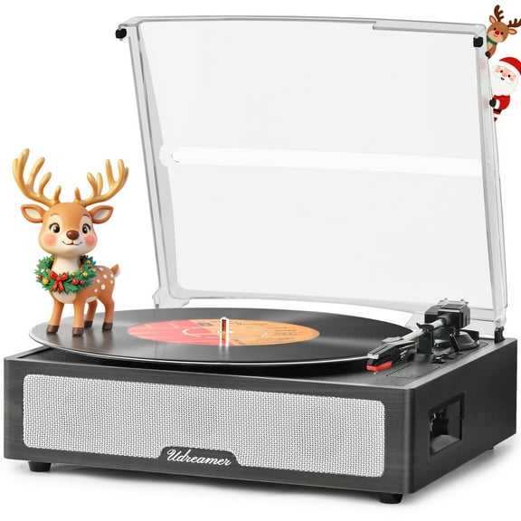 Udreamer Vinyl Record Player with Bluetooth, All In One 3-Speed Vintage Audio Turntables,Black