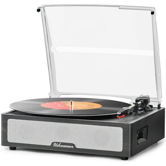 Udreamer Vinyl Record Player with Bluetooth, All In One 3-Speed Vintage Audio Turntables,Black