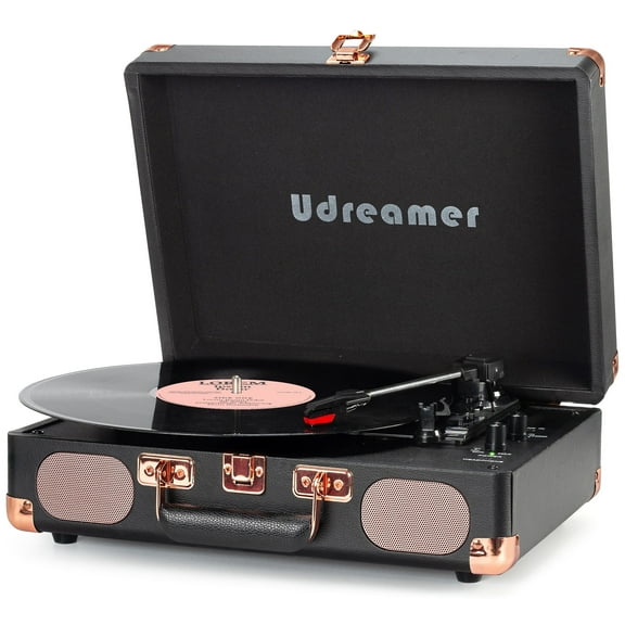 Udreamer Vinyl Record Players, Stereo Bluetooth Turntable with Built in Speakers, Portable Vintage Audio Vinyl player, Black