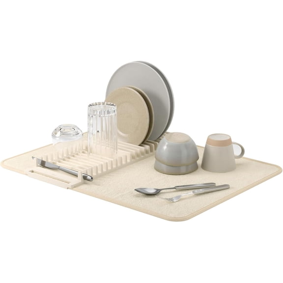 Udry Dish Drying Rack with Mat, Folds Flat for Storage, Linen