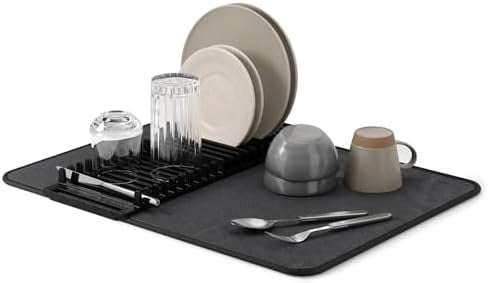 Udry Dish Rack and Microfiber Drying Mat – Space-Saving Design Folds Up for Easy Storage, Basic Rack, Black