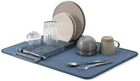 Udry Dish Rack and Microfiber Drying Mat – Space-Saving Design Folds Up for Easy Storage, Basic Rack, Slate Blue