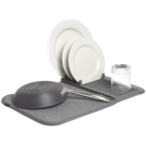 Udry Dish Rack and Microfiber Drying Mat  Space-Saving Design Folds Up for Easy Storage, Mini Rack, Gray