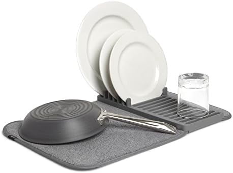 Udry Dish Rack and Microfiber Drying Mat – Space-Saving Design Folds Up for Easy Storage, Mini Rack, Gray