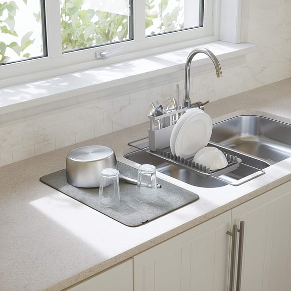 Udry Dish Rack and Microfiber Drying Mat Space-Saving Design Folds Up for Easy Storage, Over-Sink Rack, Gray
