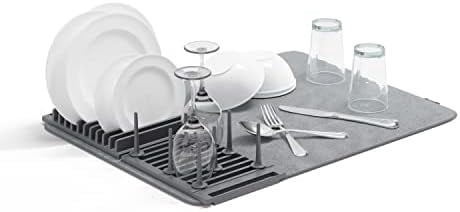 Udry Dish Rack with Movable Pegs and Microfiber Drying Mat – Space-Saving Design Folds Up for Easy Storage, Basic Rack, Dark Grey