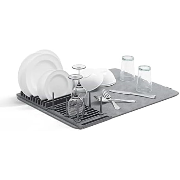 Udry Dish Rack with Movable Pegs and Microfiber Drying Mat – Space-Saving Design Folds Up for Easy Storage, Basic Rack, Dark Grey
