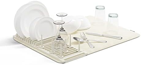 Udry Dish Rack with Movable Pegs and Microfiber Drying Mat – Space-Saving Design Folds Up for Easy Storage, Basic Rack, Linen