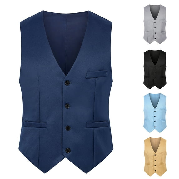 Uehgn Men Waistcoat Solid Color Single-breasted V Neck Sleeveless Spring Vest for Work