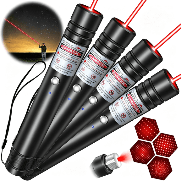 Ueljzpe 4-Pack Red Laser Pointers, Usb-A Rechargeable with Star Caps | Single-Dot Mode, Star Patterns, Wrist Strap, for Outdoor Journeys, Presentations, Tv/Led/Lcd Screens and Stargazing