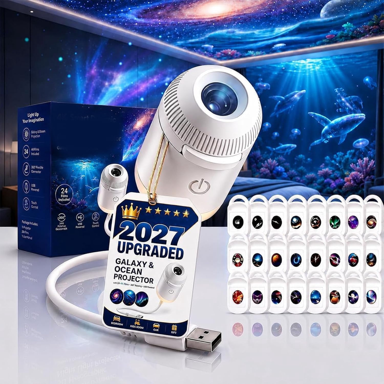 Geometric Rotation Star Ueljzpe Ocean Projector, Projector Night Light, 2-In-1 5D Holographic ...