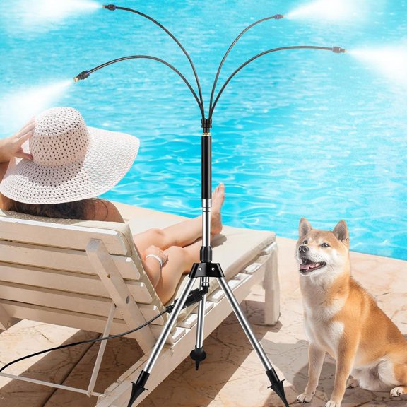 Ueljzpe Standing Misters for Outside Patio,Adjustable 4.1Ft Misting System with Four Spray Heads&26.2Ft Water Hose,Portable Standing Misters Cooling System for Camping,Pool,Bbq,Beach&Garden