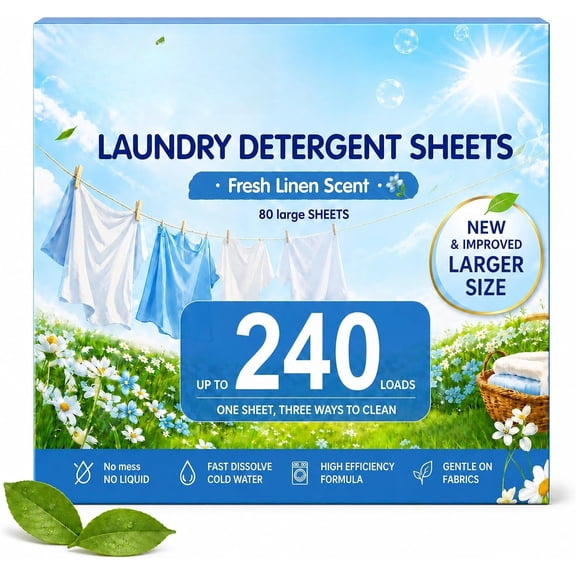 Uelliipapy Laundry Detergent Sheets, 240 Loads, 80 Large Sheets, Linen Scent, No Liquid Washer Detergent Strips, Gentle Fabrics, Dissolving Cold Water, -Based for Travel Dorm