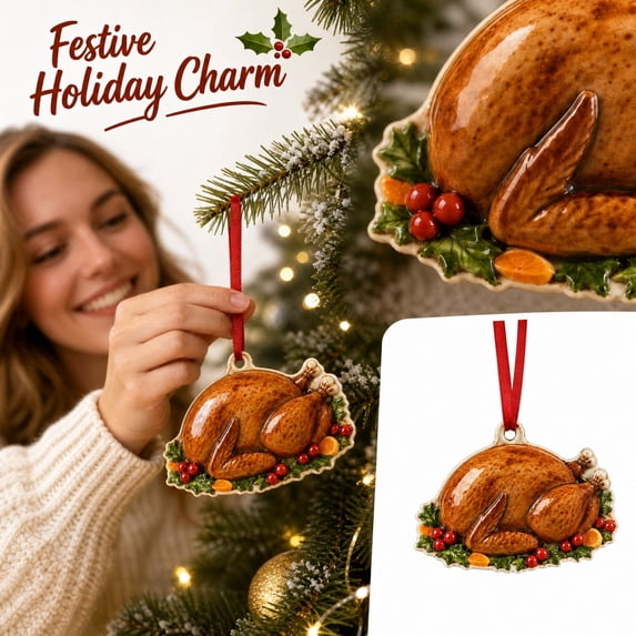 Uemqzd Roast Turkey Christmas Ornament, 2D Acrylic Cooked Turkey Hanging Decoration with Red Ribbon, Fun Food Thanksgiving Xmas Tree Ornament for Holiday Party Home Decor Gift
