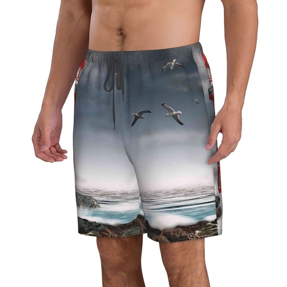 Uemuo 3d Lighthouse in the Surf Pattern Men's Swim Trunks Hawaiian Beach Bathing Suit Swimsuits Beach Quick-Dry Shorts with Pockets-Large