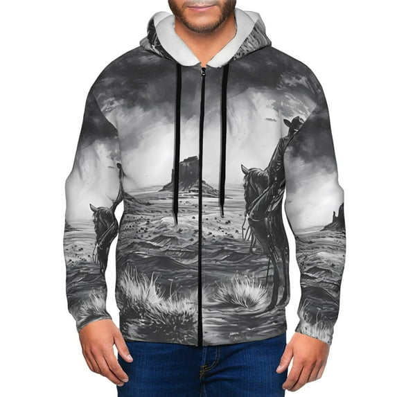 Uemuo 60s Black White Western Cowboy for Men's Fashion Full-zip Hoodies & Sweatshirts with Kangaroo Pocket, Zip-up Hooded Sweatshirt, Moisture Wicking & Breathable-3X-Large