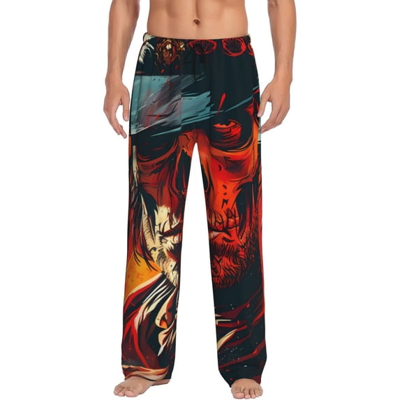 Uemuo 60s Western Skull Cowboy Pattern Men's Wide Leg Palazzo Lounge Pants with Pockets Light Weight Loose Comfy Casual Pajama Pants-Medium