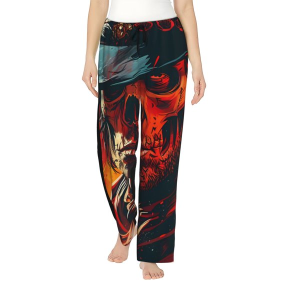 Uemuo 60s Western Skull Cowboy Pattern Women's Wide Leg Palazzo Lounge Pants with Pockets Light Weight Loose Comfy Casual Pajama Pants-Medium