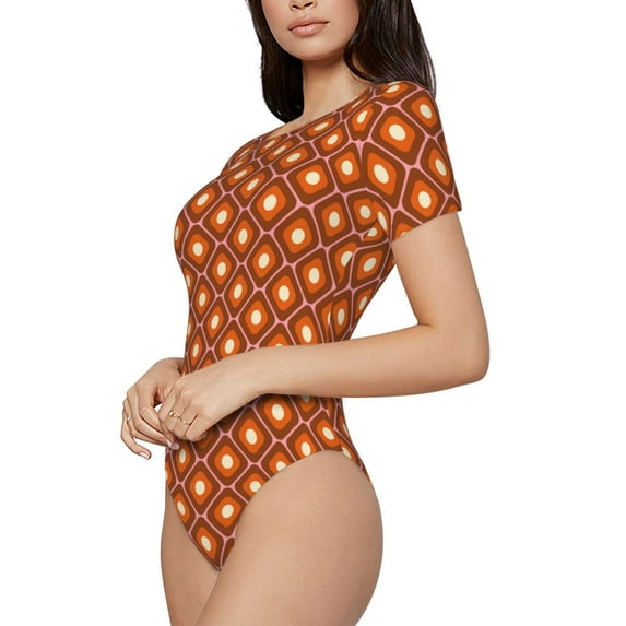 Uemuo 60s and 70s Aesthetic Pattern Women's One Piece Short Sleeve Swimsuit Rash Guard Surfing Modest Quick-drying Swimsuit Beach Essentials-X-Large