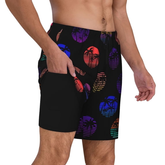 Uemuo 80s Style Palm Trees Pattern Mens Swim Trunks Quick Dry Board Shorts with Mesh Lining, Stretch Beach Shorts Quick Dry No-Chafing Board Shorts-XX-Large