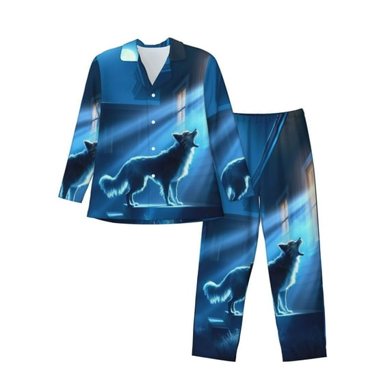 Uemuo A Wolf Barks Out A Window Pattern 2-Piece Loungewear Set - Men’s Soft Sleepwear, Cozy Winter PJs, Comfy Sleep Set-