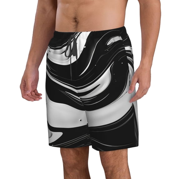 Uemuo Abstract Black White Swirls Pattern Men's Swim Trunks Hawaiian Beach Bathing Suit Swimsuits Beach Quick-Dry Shorts with Pockets-Small