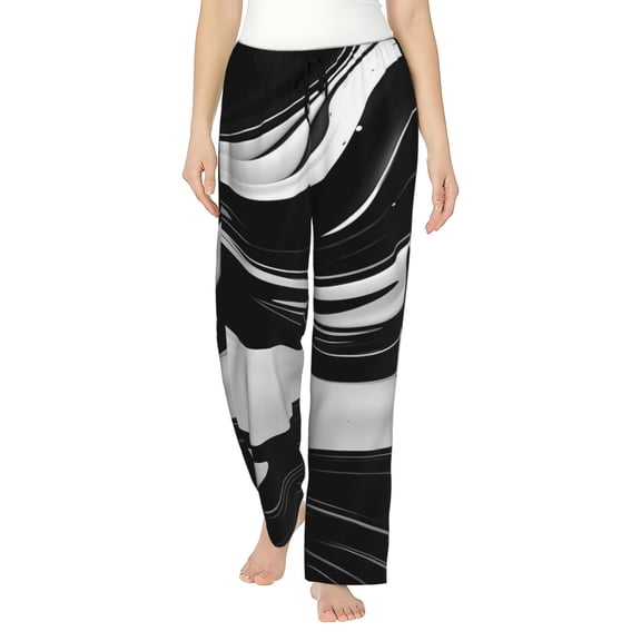 Uemuo Abstract Black White Swirls Pattern Women's Wide Leg Palazzo Lounge Pants with Pockets Light Weight Loose Comfy Casual Pajama Pants-XX-Large