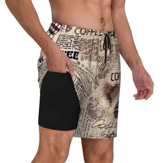 Uemuo Abstract Coffee Pattern With Letters Pattern Mens Swim Trunks Quick Dry Board Shorts with Mesh Lining, Stretch Beach Shorts Quick Dry No-Chafing Board Shorts-Medium