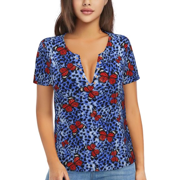 Uemuo Abstract Colorful Butterflies Drawing Women's Deep V-Neck Low Cut Tops - Casual Loose Fit with Stainless Steel Loop, Soft, Breathable, Perfect for Office, Travel, and Daily Wear-Small