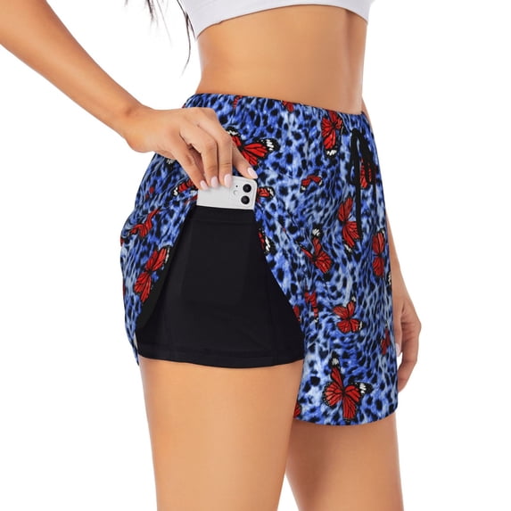 Uemuo Abstract Colorful Butterflies Pattern Women's Athletic Shorts High Waisted Running Shorts with Liner Pockets Gym Elastic Workout Shorts-