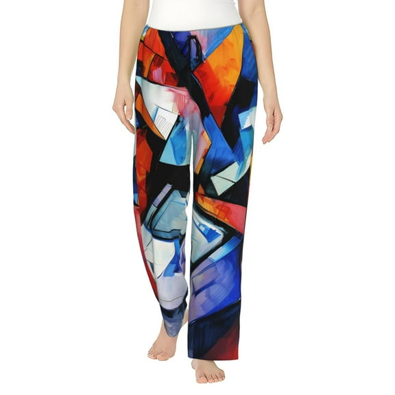 Uemuo Abstract Cubist Printer Pattern Women's Wide Leg Palazzo Lounge Pants with Pockets Light Weight Loose Comfy Casual Pajama Pants-Large