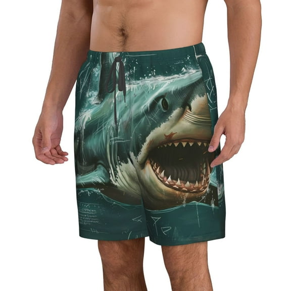 Uemuo Abstract Geometric Shark Pattern Men's Swim Trunks Hawaiian Beach Bathing Suit Swimsuits Beach Quick-Dry Shorts with Pockets-X-Large