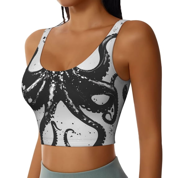 Uemuo Abstract Ink Octopus Pattern Women's Sports Bra - High Impact Support, Breathable, and Comfortable Athletic Bra for Running, Yoga, and Workouts
