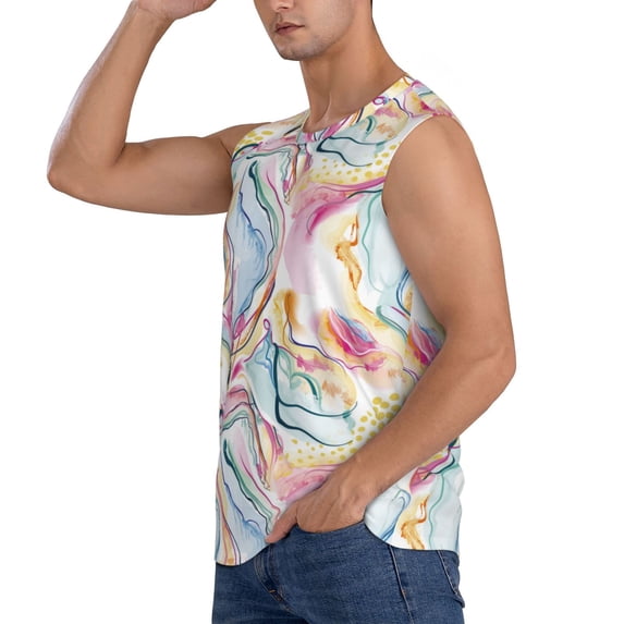 Uemuo Abstract Marble Texture Pattern Men's Sleeveless T-Shirt,Muscle Athletic Tank Top, Moisture-wicking Quick-dry Breathable Classic Tee Top for Gym Run Outdoor Sports-