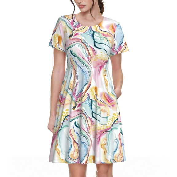 Uemuo Abstract Marble Texture Print Womens Summer Dress Casual Swing Short Sleeve Sundresses Beach A-line Shift Dress
