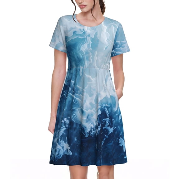 Uemuo Abstract Ocean Waves Print Womens Summer Dress Casual Swing Short Sleeve Sundresses Beach A-line Shift Dress