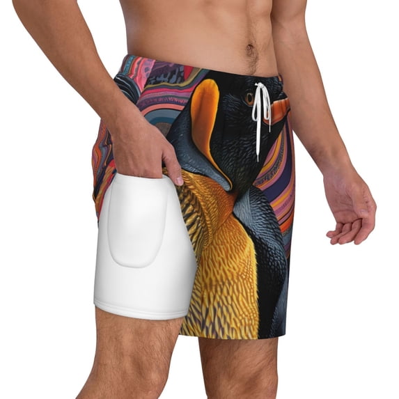 Uemuo Abstract Pattern Penguin Pattern Mens Swim Trunks Quick Dry Board Shorts with Mesh Lining, Stretch Beach Shorts Quick Dry No-Chafing Board Shorts-XX-Large
