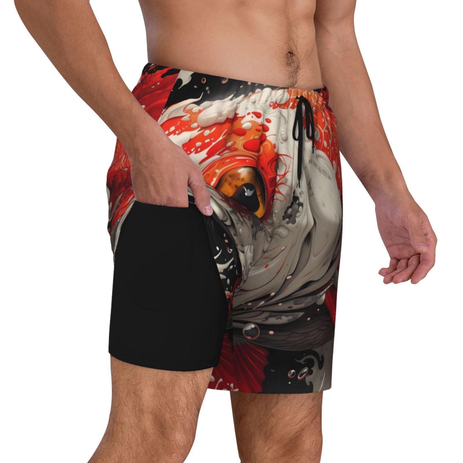 Uemuo Abstract Red Koi Fish Art Pattern Mens Swim Trunks Quick Dry