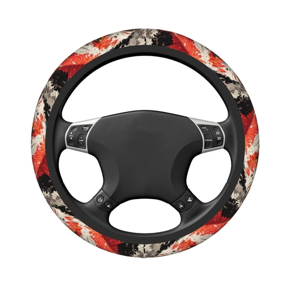Uemuo Abstract Red Koi Fish Art Printed Car Elastic Steering Wheel Cover - Universal Car Accessory for Diverse Cars Anti-Slip, and Comfortable- 15"