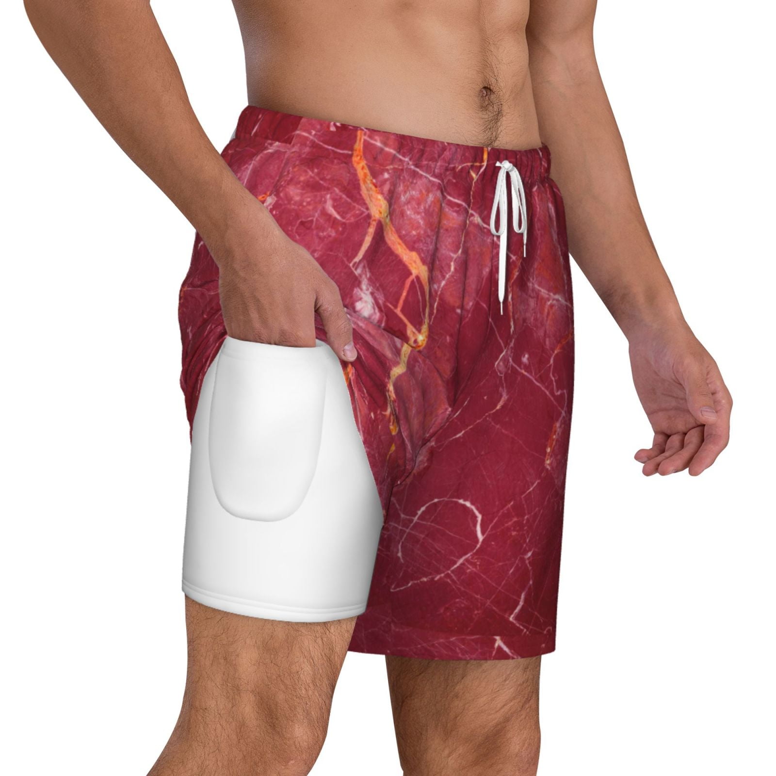 Uemuo Abstract Red Marble Pattern Mens Swim Trunks Quick Dry Board